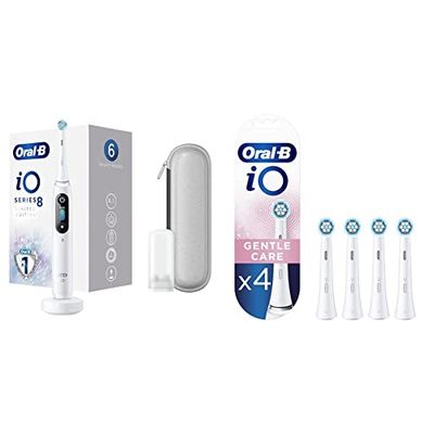 Oral-B iO Series 8 Brosse à Dents Électrique Rechargeable avec 1 Manche Intelligence Artificielle,1 Brossette et 1 Étui & iO Gentle Care Brossettes de rechange pour Brosse à Dents Électrique Pack de 4