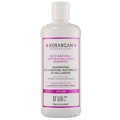 Kerargan - Shampoing Volumisant à la Biotine & Collagène - Pour Cheveux Plats, Fins, Ternes - Fortifiant, Brillant, Hydratant - Sans Sulfate, OGM, Silicone, Huile Minérale - 500ml