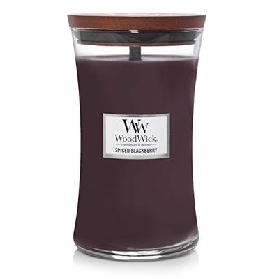 Vela aromática WoodWick com chama Hearthwick, parafina violeta selvagem, elipse