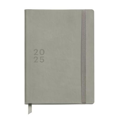 Miquelrius - 2025 Diary, Size 155 x 213 mm, Day Page Diary, Stitched Leather Cover, 100 g/m² Sustainable Paper, Elastic Closure, Spanish, English and Portuguese, Grey