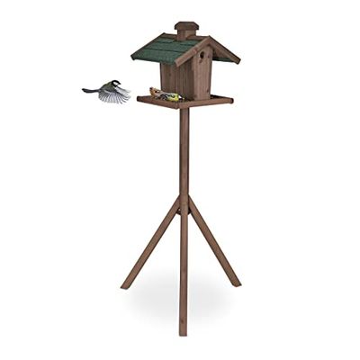 Relaxdays Mangiatoia per Uccelli, Treppiede, Tetto Resistente, Silo, per Giardino, Legno, HPL137x68x55 cm, Marrone/Verde