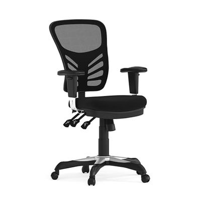 Ergonomiczne, obrotowe, wielofunkcyjne krzesło biurowe ze średnim oparciem z siatki i regulowanymi podłokietnikami (czarne)