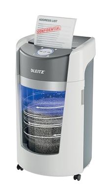 LEITZ IQ Optimax - Destructeur de Papier, Coupe Micro P5, Détruit 12-10 Feuilles (70-80 g/m²), Corbeille 35L Rotative avec +33% de Capacité (550 Feuilles A4), Ultra-Silencieux, Coloris Blanc, 83600000