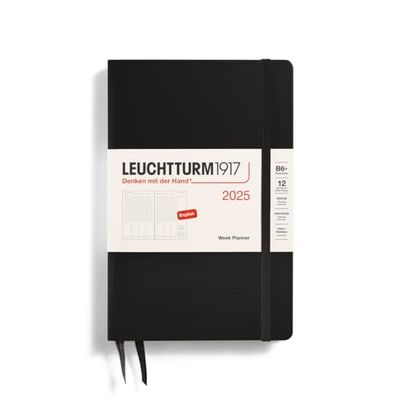LEUCHTTURM1917 Paperback B6+ 371020 - Agenda settimanale 2025, copertina rigida, 12 mesi, a righe, colore: nero, inglese
