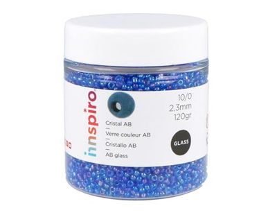 Rocaille de verre rond aurore boréale bleu cyan 2,3mm.120gr. Pot