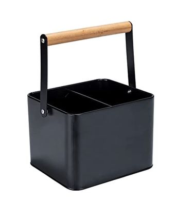 WENKO Keukengereimand Baco, Black Outdoor Kitchen-accessoire, robuuste draagmand van gepoedercoat zwart metaal met flexibele houten handgreep, ideaal voor het vervoeren van sauzen, 18 × 25,5 × 15 cm