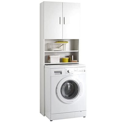 FMD Möbel - Armadio e soprammobile per lavatrice in bianco, armadio da bagno con 2 ante e mensole, per lavatrici, asciugatrici, WC, 64 x 26 x 190 cm (L x A x P) 913-001E