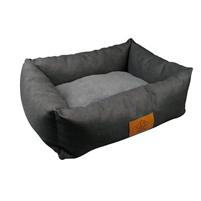 D&D Home, Panier pour Chien Denim L - 78x58x21 cm, Panier Tendance, avec Fond antidérapant et Fini avec étiquette en Cuir, Comprend Un Coussin Extra Doux en Peluche, Solidement rempli de Polyfill