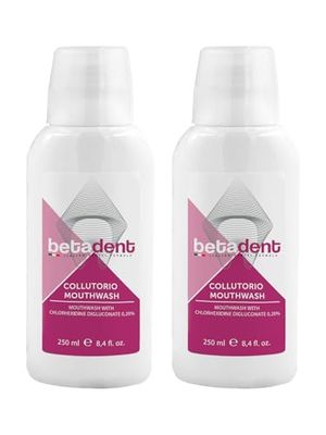 Betadent KIT 2 COLLUTORIO CON CLOREXIDINA 0,20%. Contrasta placca, carie, gengiviti. Ideale in caso di gengive irritate e infiammate e in seguito a trattamenti odontoiatrici chirurgici. 2x250 ml
