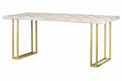 Adda Home Mesa de Comedor, Abeto/MDF/Hierro, Blanco Lavado/Dorado, 180X90X77 CM