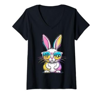 Womens Hip Hop Happy Easter Bunny Face With Sunglasses Men Boy Kids V-Neck T-Shirt