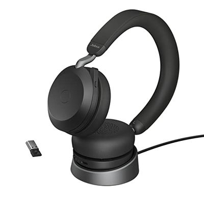 Jabra Evolve2 75-Auriculares Estéreo Inalámbricos con Estación de Carga, 8 Micrófonos, Doble Espuma y Cancelación de Ruido Activa-Adaptador Bluetooth USB-A-Compatible con MS Teams-Negro