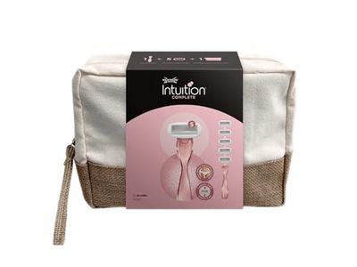 Wilkinson Sword Intuition Complete Kit de Viaje, Maquinilla Depilatoria de 5 Hojas para Mujeres y 5 Cabezales de Recambio de Afeitadora para Mujer, Neceser de Baño, Apto para Zonas Sensibles
