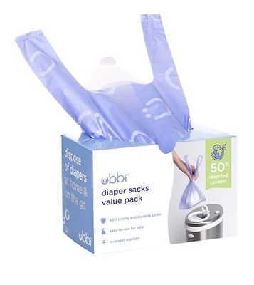Ubbi Sacos descartáveis para fraldas, aroma de lavanda, pestanas fáceis de amarrar, sacos de lixo para fraldas de bebé ou sacos de lixo para animais de estimação, embalagem económica, 400 unidades