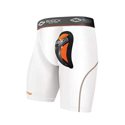 Shock Doctor UltraPro Compression Short with Ultra Carbon Flex Cup White Boy L Calças de compressão para homem, branco, BL