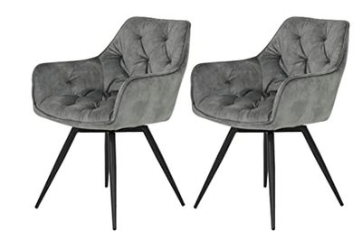 Hela Tische, Florentina Lot De 2 Fauteuils De Cuisine Et De Salle À Manger, Revêtement Vintage Gris, Accoudoirs, Pied Métallique Noir Pivotant À 360°