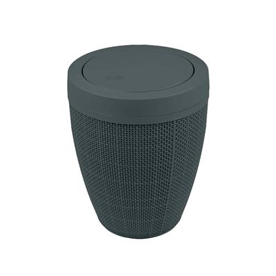 Addis Pattumiera rotonda in finta iuta, con coperchio basculante, in plastica, per bagno, camera da letto, casa, ufficio, capacità 5 litri, colore: grigio antracite scuro