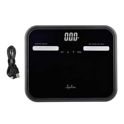 Jata 538 digitale personenweegschaal, lichaamsvet, lcd-display, hoge precisie, USB-oplaadcapaciteit van 180 kg, glasplatform, automatische uitschakeling, zwart