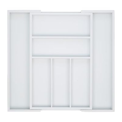 Relaxdays Extendable Cutlery Tray, var. Width, 5-7 Compartments, Bamboo Organiser, HWD: 5x48x46cm, White