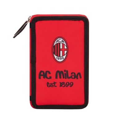 AC Milan - Astuccio con 3 Scomparti e Materiali Inclusi all'interno, Porta Penne, Matite in Poliestere, Rosso
