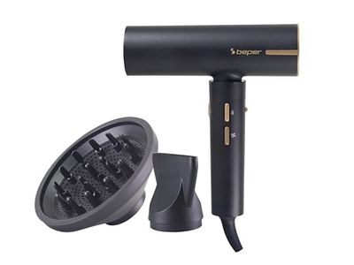 BEPER P301ASC010 Asciugacapelli Brushless, 1800W, 3 Velocità, 3 Temperature selezionabili, Indicatore di temperatura LED, Griglia autopulente, Accessori inclusi, Nero