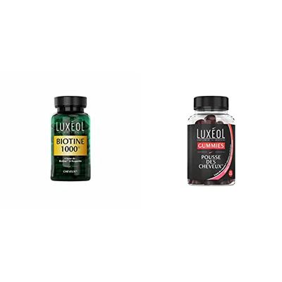Luxéol – Biotine 1000 μg – Favorise la Pousse des Cheveux – Made in France – 90 Gélules – 28,6 g & Gummies Pousse Cheveux - Stimulation Du Bulbe Capillaire - Arôme Naturel Goût Fraise - 60 Gummies