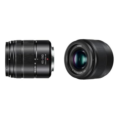 Panasonic Lumix 45-150mm F4.0-5.6 | Objectif Téléphoto H-FS45150EKA (Zoom Puissant, Stabilisé, equiv. 35mm : 90-300mm) Noir & Lumix 25mm F1.7 | Objectif à focale Fixe H-H025E-K, Noir
