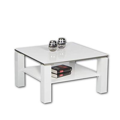 Stella Trading Romy Mini moderno centro branco de alto brilho espaçosa mesa auxiliar com dois níveis para a sua sala de estar, Engineered Wood, 75 x 41 x 75 cm