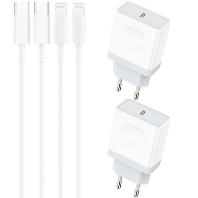 4-pack oplaadkabel en snellader voor iPhone 11, 12, 13, 14, 14 Plus, 14 Pro/14 Pro Max, 20 W oplader en 1 m kabel, USB C-voeding, snellaadkabel, stekker, power adapter, stekker Nisiyama