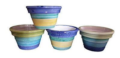 VASO COLORATO (SET 4 PEZZI) IN CERAMICA DI VIETRI DIPINTO A MANO; DIAMETRO CM. 21 ALTEZZA CM. 10 FIORIERA GIARDINAGGIO TERRACOTTA