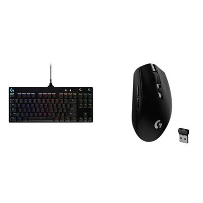 Logitech G Pro TKL Teclado Gaming Mecánico sin Teclado numérico, Teclas GX-Clicky Azules, RGB Lights & 305 Lightspeed Ratón Gaming Inalámbrico, Captor Hero 12K, 12,000 dpi, Ultra-Ligero