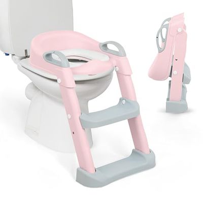KikkaBoo LEA Toiletopzetstuk voor kinderen en baby's, opvouwbaar en verstelbaar, anatomisch design, uitneembare en zachte bekleding, antislip, met ladder, vanaf 18 maanden, roze