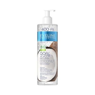 EVELINE COSMETICS Natural Coconut 99% lenitivo e rivitalizzante gel viso viso estratto di cocco biologico acido ialuronico formula vegana composizione naturale giorno e notte 400 ml