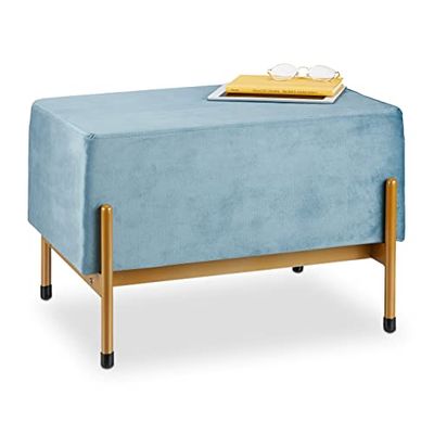Relaxdays Bench, Velvet Cover, Metal, H x W x D: approx. 40 x 60 x 43.5 cm, Light Blue/Gold, Fibreboard