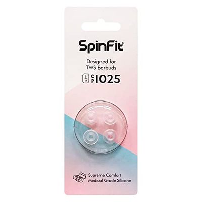 SpinFit CP1025-M/S - Cuscinetti per auricolari MTW3, Galaxy Buds 2, Soundcore Space A40 e altri, brevettati, in silicone, confortevoli, vestibilità sicura (2 paia) (per ugelli di diametro 4-5,5 mm)
