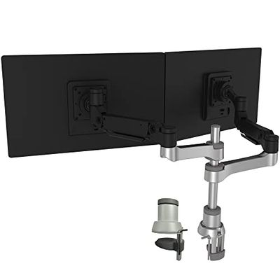 R-Go Tools Caparo 4 D2, Dual monitor arm, Fully adjustable with gas spring, Vesa(75x75 and 100x100mm) Mount Desk Stand with Clamp, Fits 40’’Inch LCD Computer Monitors, Weigh max 9KG per arm, Matte silver