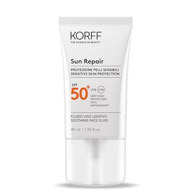 Korff Sun Repair Kojący płyn do twarzy SPF 50+, bardzo wysoka ochrona, kojąca natychmiastowa, lekka tekstura, bez białych śladów, odpowiednia dla wrażliwej skóry, opakowanie 40 ml