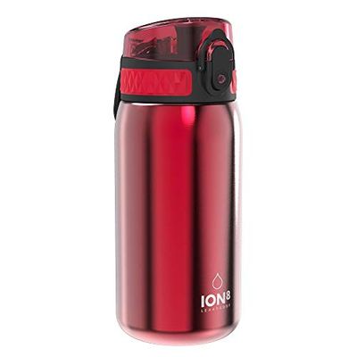 ION8 Lichtgewicht Stalen Kinderwaterfles, 400 ml/13 oz, Zonder Isolatie, Lekvrij, Makkelijk te Openen, Veilige Vergrendeling, Vaatwasserbestendig, Flipdop, Draaggreep, Duurzaam, Rood