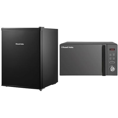 Russell Hobbs RHTTF67B 66 Litre Reversible Doors Table Top Mini Fridge, Black & RHM2076B 20 Litre 800 W Black Digital Solo Microwave with 5 Power Levels