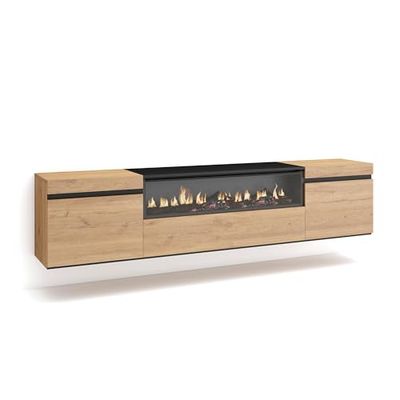 Skraut Home TV-kast | televisie | woonkamermeubel | opslag | 200 x 45 x 35 cm | voor tv's tot 80 inch | elektrische open haard | hangend | moderne stijl | eiken en zwart