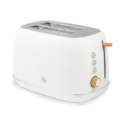 Swan ST19030WHT Fjord 2-Slice Toaster with 7 Browning Levels, Defrost/Reheat/Cancel, 800W, White & Wooden Accents