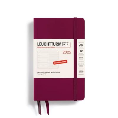 LEUCHTTURM1917 370499 Agenda semainier et bloc-notes 2025 de poche A6, couverture rigide, planificateur 12 mois, 80 g, ligné, rouge port