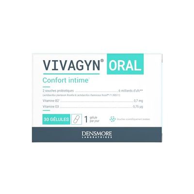 Densmore - Vivagyn - Probiotique Flore Intime - Restauration de l'équilibre Vaginal - 2 souches probiotiques dont Lactobacillus Rhamnosus - Vitamine D3 - 30 gélules - Cure 1 mois - Fabriqué en Europe