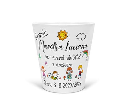 Vasetto portapianta personalizzato per la Maestra con disegni di bambini e scritta personalizzata, idea regalo fine anno scolastico