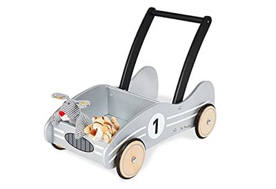 Pinolino Learn-Walking Trolley Kimi, met remsysteem, geschenkwagen met rubberen houten wielen voor kinderen 1-6 jaar, hout, zilver