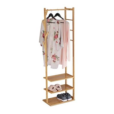 Relaxdays Clothes Rack Bamboo & MDF Coat Stand 164 x 49 x 28 cm 3 Shelves 4 Hooks Clothes Rail Natural