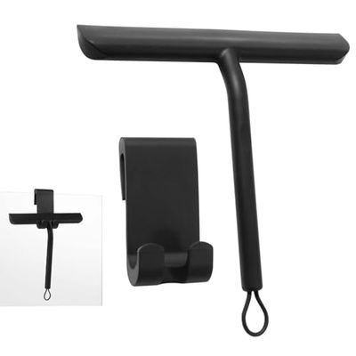 Vinabo Tergivetro per Doccia Silicone, Pulisci Vetro Doccia,Lavavetri Doccia Senza Foratura,Tira Acqua da Doccia, Acciaio Inox Tergivetro Doccia per Finestre, Bagno e Specchi (Nero, 21 cm)