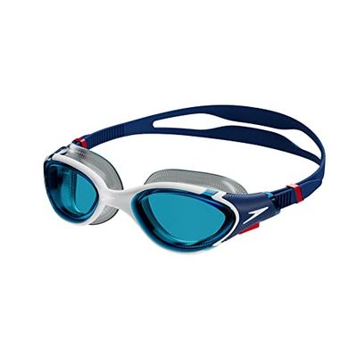 Speedo Unisex Biofuse 2.0 Swimming Goggles | Patented Easy Adjustment | Anti-Fog | Anti-Leak | Enhanced Fit | Improved Comfort, Ammonite Blue/White/Red/Blue, One Size