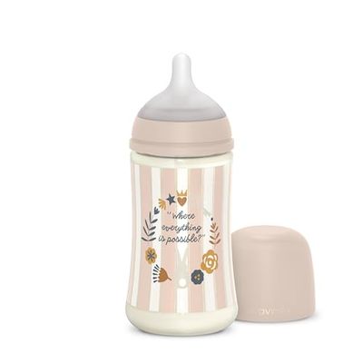 Suavinex, Babyfles 270 ml met symmetrische siliconen zuiger SX Pro en anti-koliek ventiel, babyfles met middelsterke speen (M). Voor kinderen vanaf 3 maanden. nderland, roze