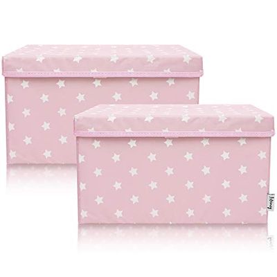 LIFENEY Lot de 2 boîtes de rangement pour enfant (37 x 25 x 21 cm) I Panier de rangement pour chambre d'enfant et salon I Boîte de rangement pour enfant (étoile rose)
